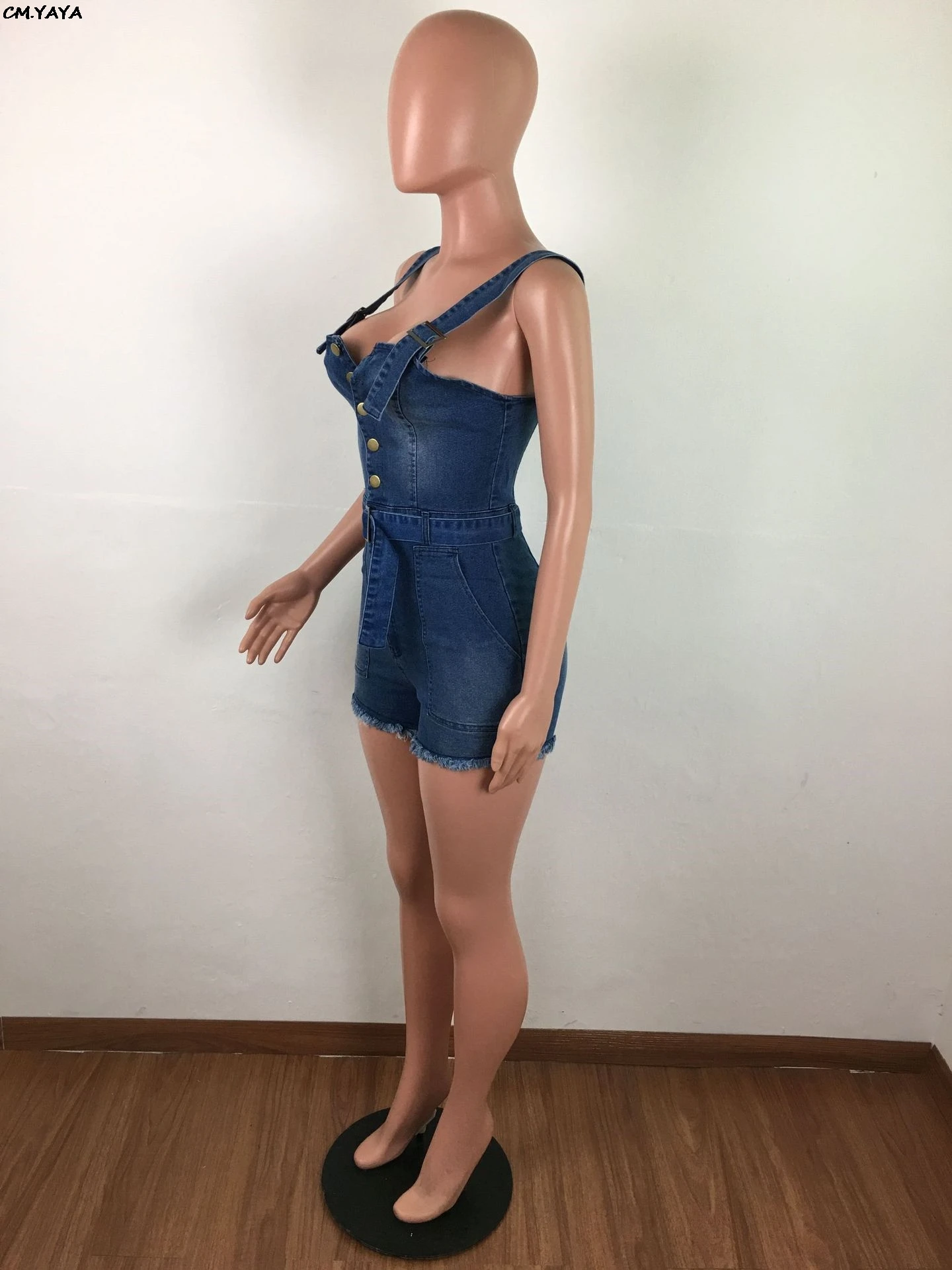 Женский джинсовый комбинезон на бретелях спагетти короткий без рукавов