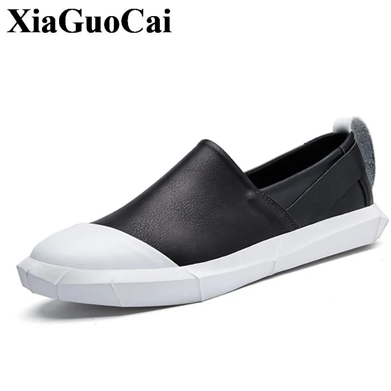 Men Casual Shoes Loafers Round Toe Slip-on Flat Skate Fashion Black&ampwhite Student Male Footwear Leather Zapatos De Hombre | Обувь