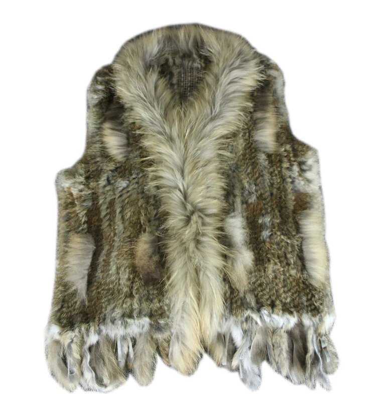 New Real ladies Genuine Knitted Rabbit Fur Vest With Raccoon Fur Trimming Waistcoat Winter Fur Jacket harppihop fur