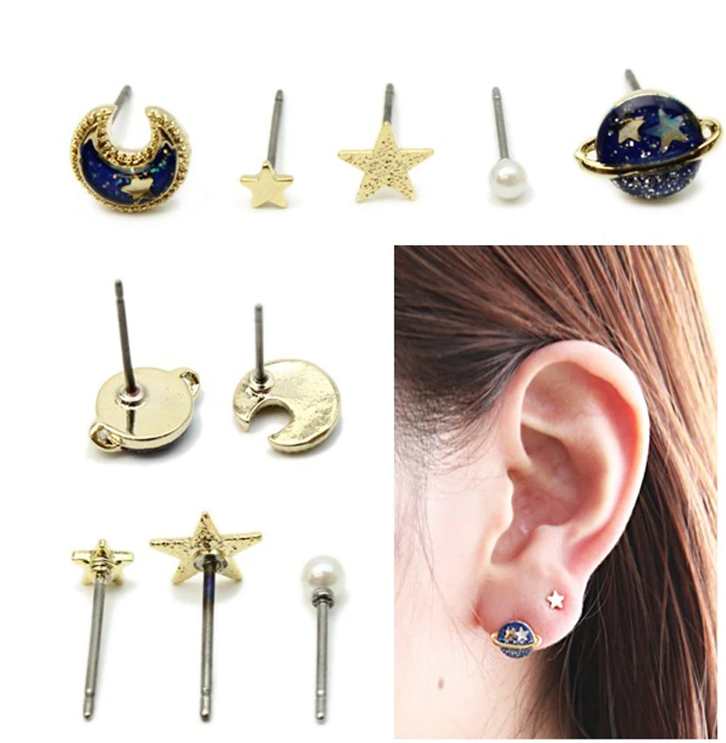 

5pcs/lot Hot Sale Cute Blue The Universe Planet Moon Stars Pearl Stud Earrings Lovely Personality Fashion Earring For Women Girl