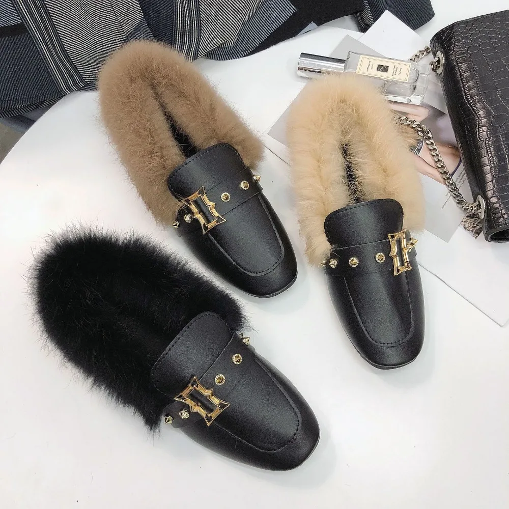 Женские мокасины зимняя обувь на меху с заклепками женская пряжкой chaussures femme
