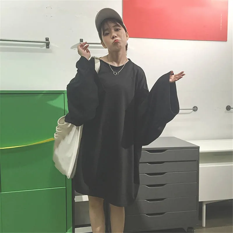 black sweatshirt Neploe, Однотонный свитер, платье, летучая мышь, длинный рукав, пуловер, топы, женская мода, о-образный вырез, толстовки, летние, негабаритные, толстовки, 36131 - Цвет: black sweatshirt