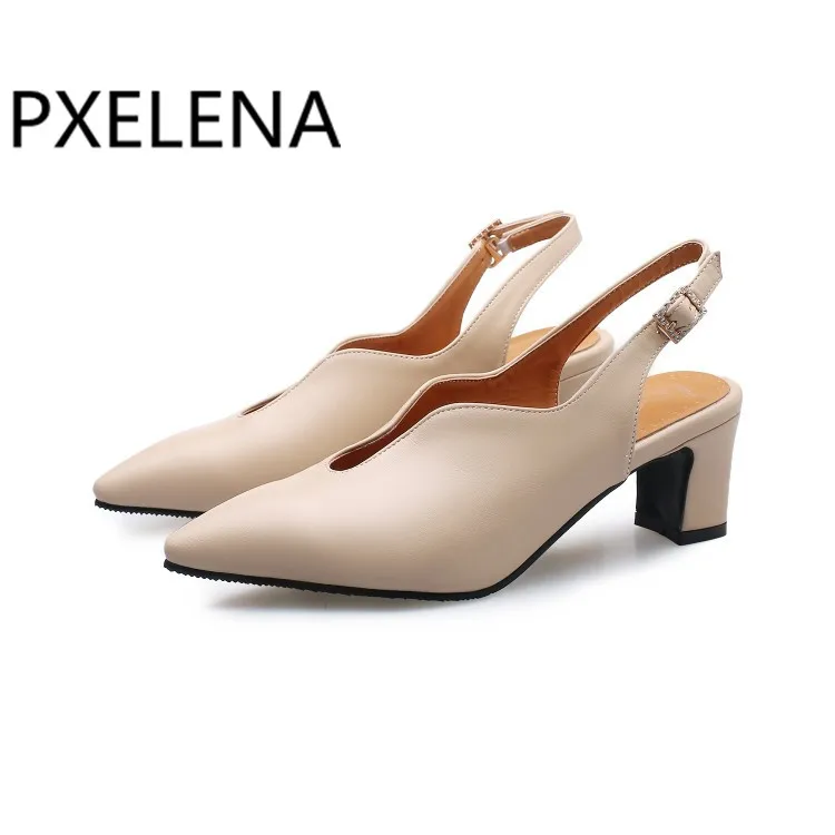 Туфли PXELENA женские с ремешком на пятке высокий квадратный каблук заостренный
