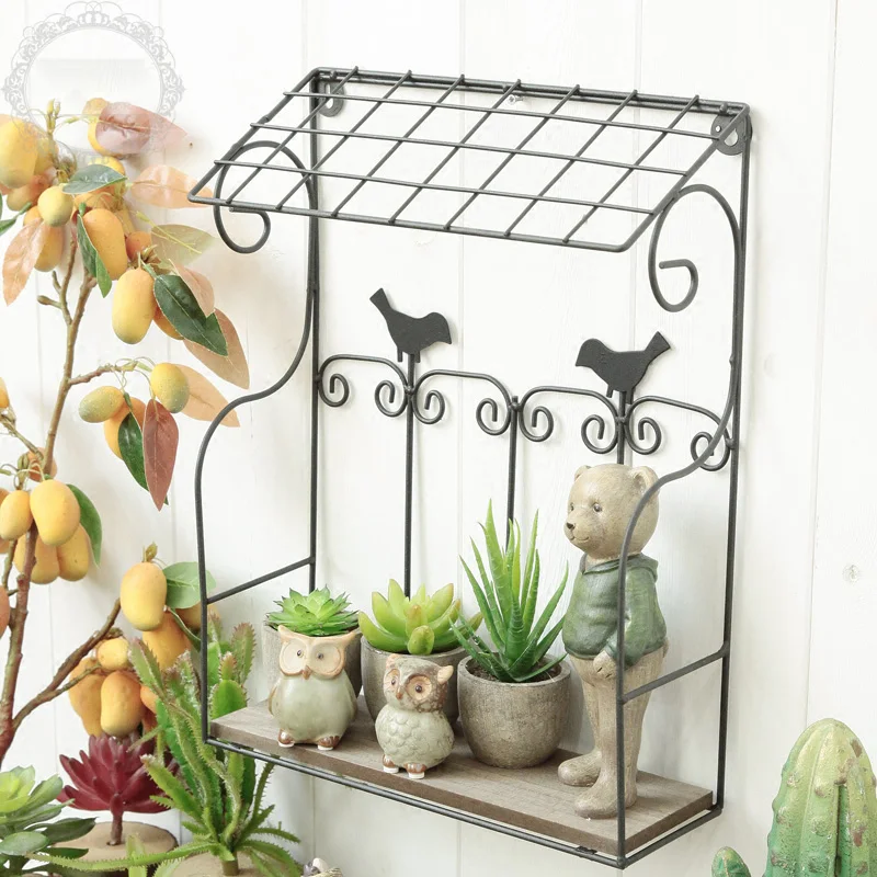 Vintage Metal Wall Mounted Rack with Wood Shelf Bird Decorative Display Stand Flower | Обустройство дома