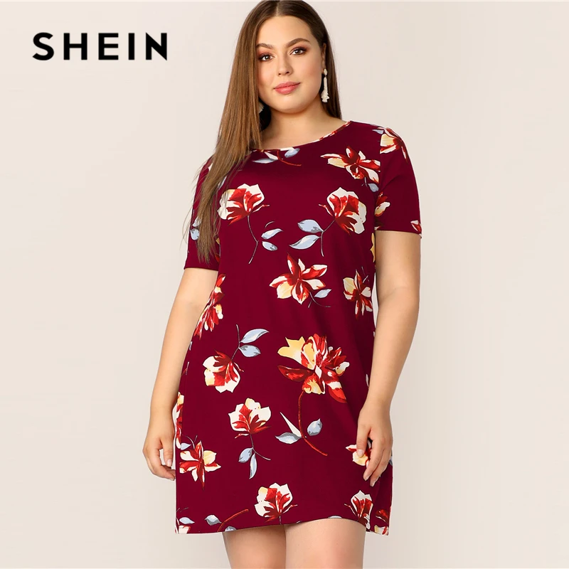 SHEIN, платье размера плюс, бордовое, круглый вырез, цветочный принт,, женское летнее Повседневное платье, туника, прямое, короткий, обычный рукав, Dreeses
