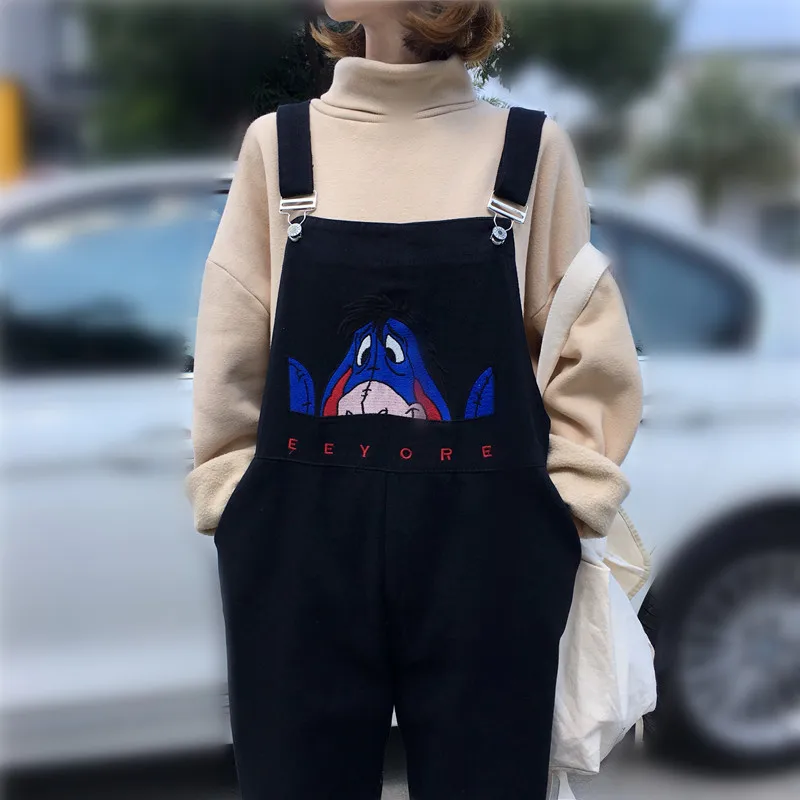 Комбинезоны для женщин для повседневное Твердые Kawaii Harajuku студентов деним s длинный комбинезон мультфильм вышивка свободны