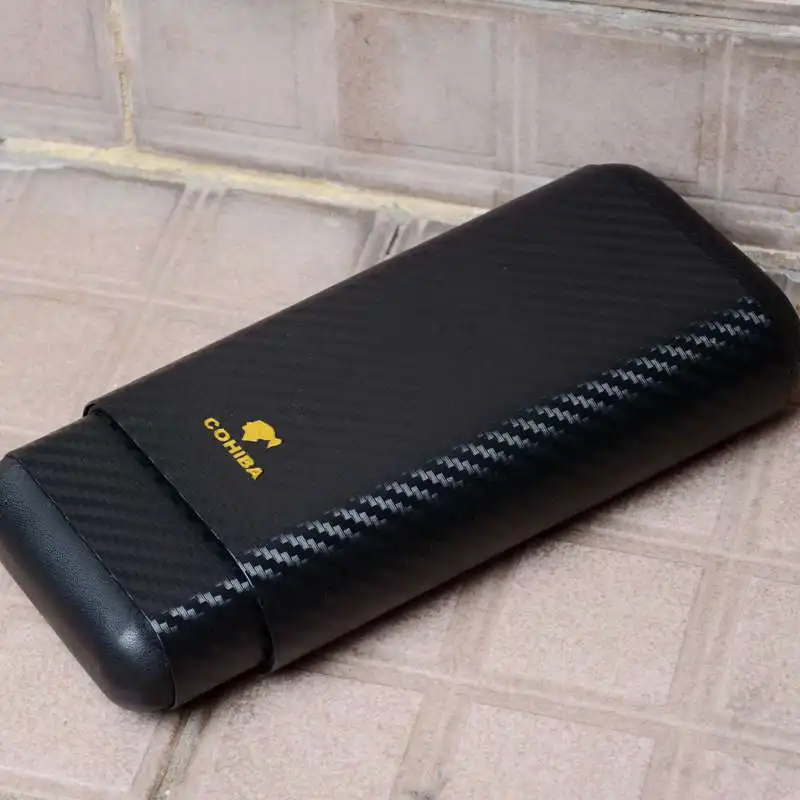 

Дорожный Чехол для сигар COHIBA, кожаный держатель для сигар из углеродного волокна и кедрового дерева с 3 трубками, мини-хьюмидор
