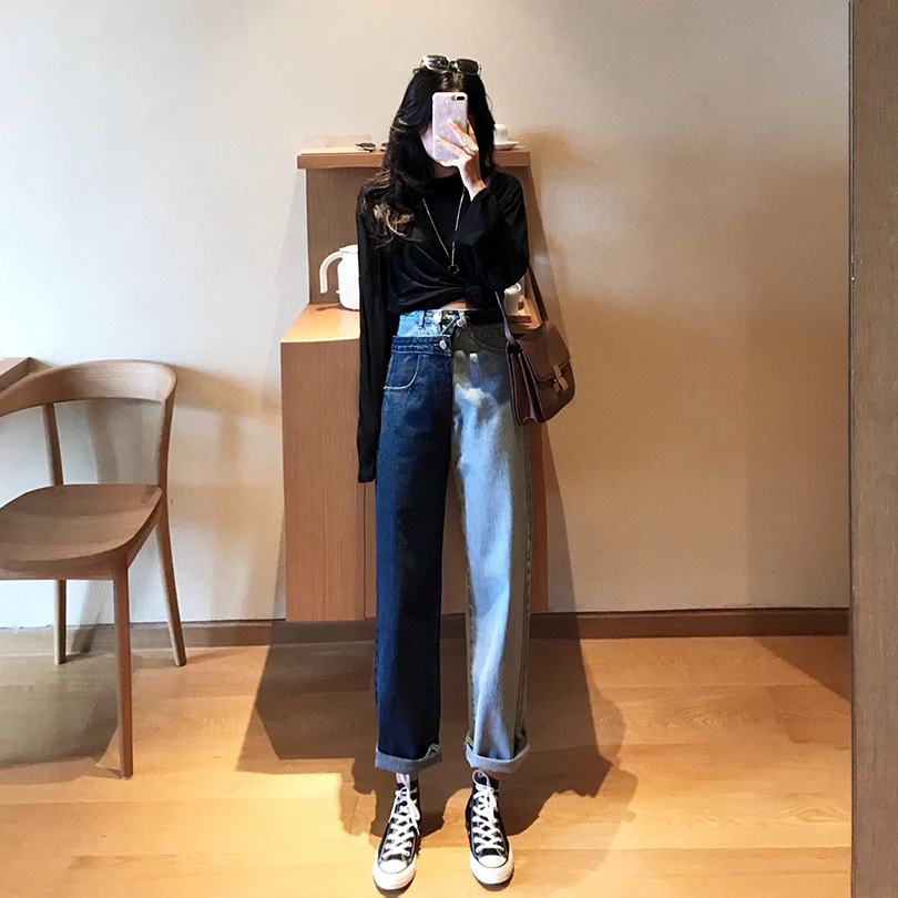 Новинка, корейские джинсы ulzzang, женские весенние прямые штаны, свободные, высокая талия, модные, шикарные, девять штанов, Harajuku, женские повседневные штаны