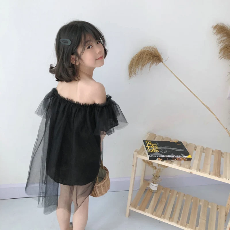 Summer Casual Baby Girls Solid Pattern Off-shoulder Sleeveless Mesh Fairy Dress Cotton Kids Toddler Sundress Super Pretty LT | Детская
