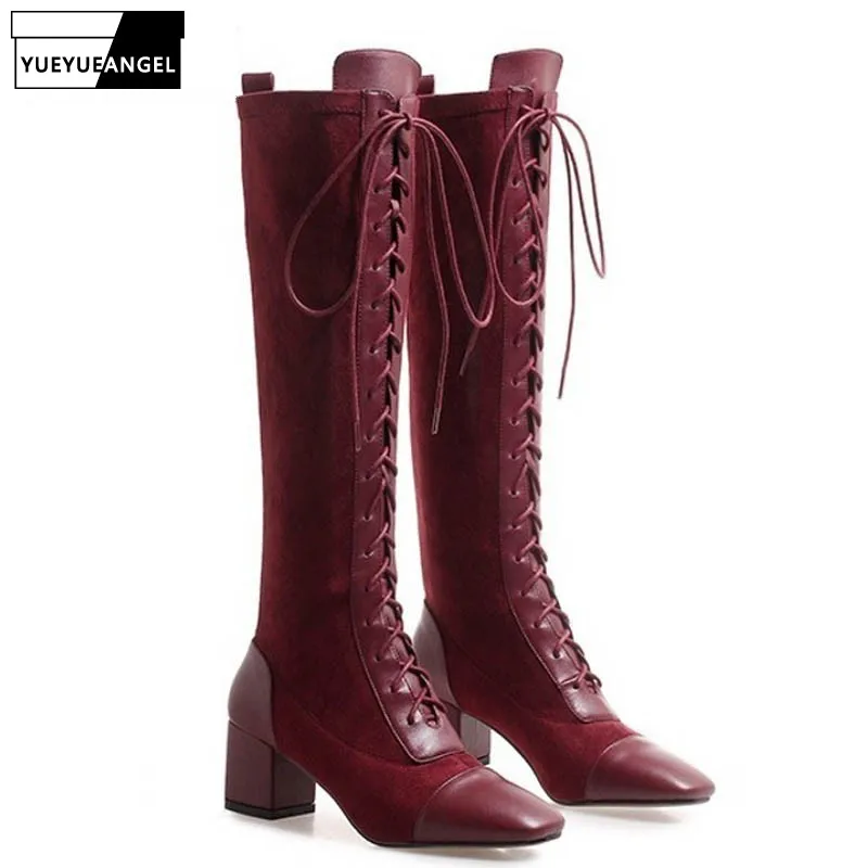 

Женские сапоги на шнуровке, черные сапоги из эластичной кожи, на высоком каблуке