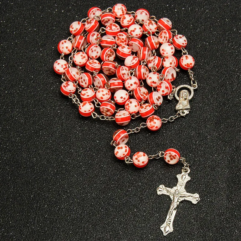 

Crystal Pearl Prayer Necklace Round Pearl Rosary Necklace R Holy Rose and Lourdes Medal