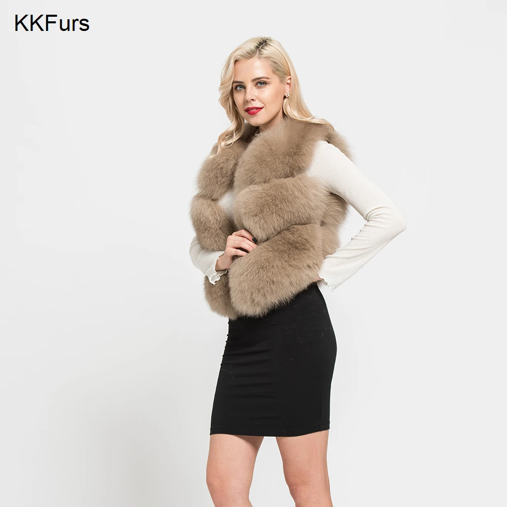JKKFURS Новое поступление женские жилеты из натурального Лисьего меха высокого качества женские модные стильные жилеты из натурального меха 3 ряда куртки S7162