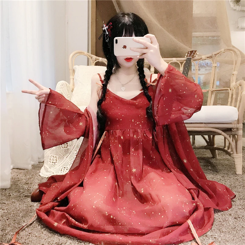 Платье Лолиты Kawaii платье для женщин японская милая Лолита позолоченное платье на бретелях+ солнцезащитное пальто куртка из двух частей милый