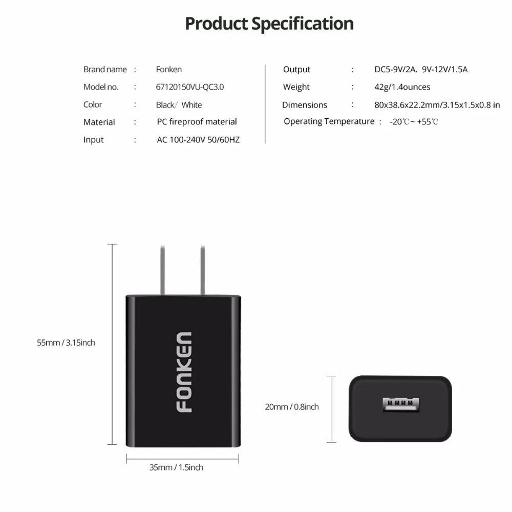 Зарядное устройство FONKEN QC3.0 с USB портом 18 Вт|fast charger|charger quickus usb charger |