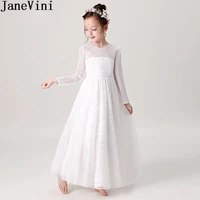 janevini white long sleeve flower girls dress for kids weddings lace beaded neck prom dress floor length first communion dresses