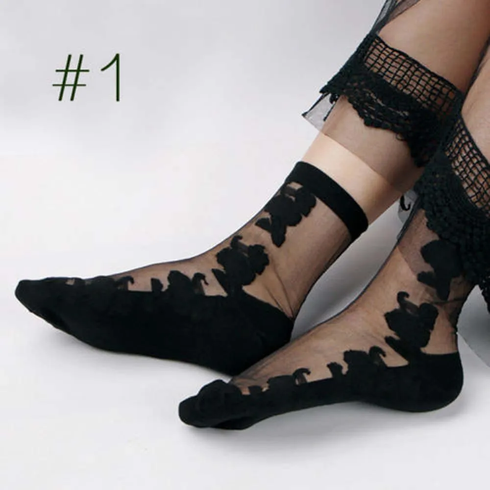 

1Pcs Women's Crystal Lace Glass Rose Silk Socks Summer Women Breathable Ultra Thin Elastic Short Socks Sexy Sheer Socks