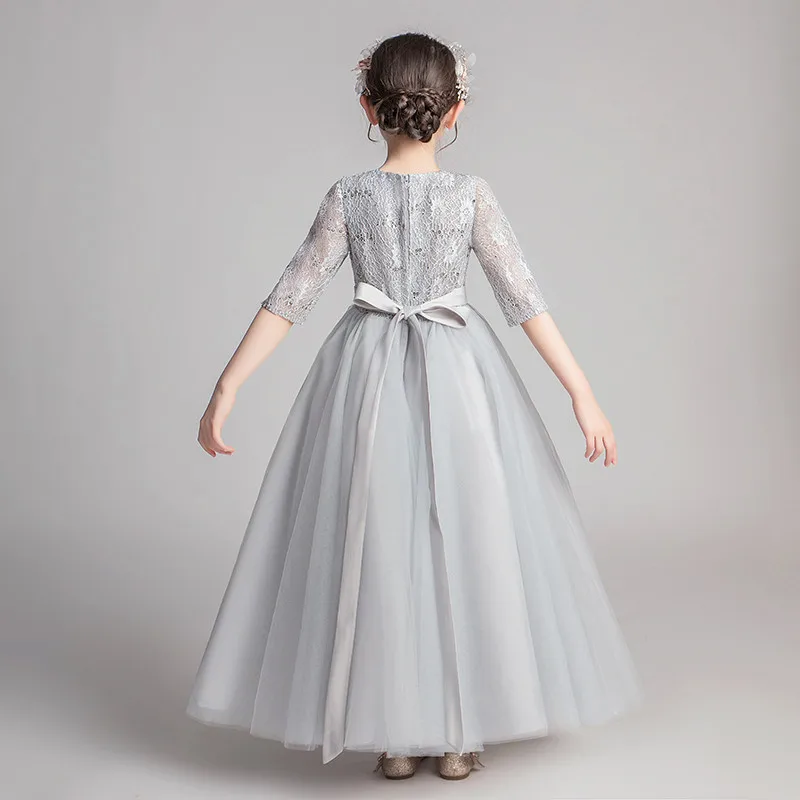 

3~14Yrs Children Girls High-Quality Luxury Gray Wedding Evening Parties Princess Long Dress Teens Infant Host Tutu Piano Dresses