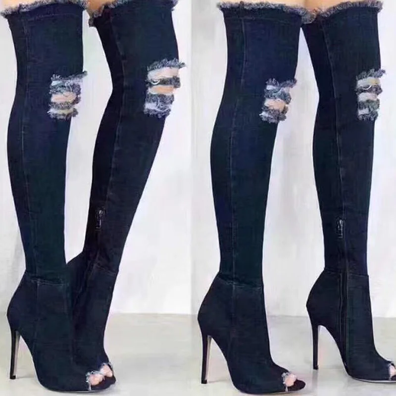 Tangnest/Винтажные джинсовые сапоги выше колена для женщин пикантная обувь на тонком