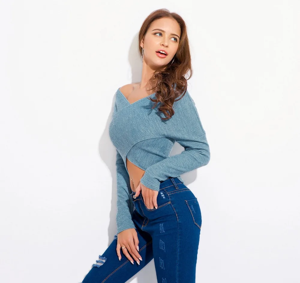 Women Autumn Off Shoulder Long Sleeve Knitted Sweaters Sexy Cross V Neck Knitwear Crop Tops Blue Jumpers | Женская одежда