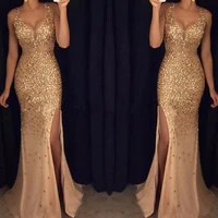 sparkly 2021 gold crystals tulle long prom dresses sexy v neck beads celebrity formal party gowns side slit evening dresses