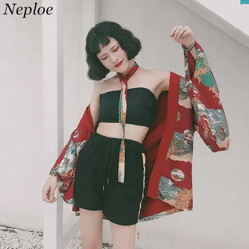 Neploe женское Кимоно Кардиган Модная Верхняя одежда с v образным вырезом Harajuku 2019