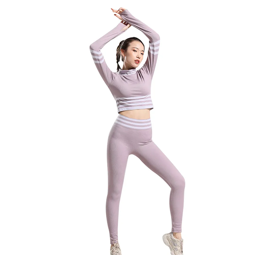 Новая мода костюм для йоги Tight с длинными рукавами Высокая талия бедра узкими полосками комплект спортивной одежды из 2х шт./компл. для женщин Фитнес Спорт