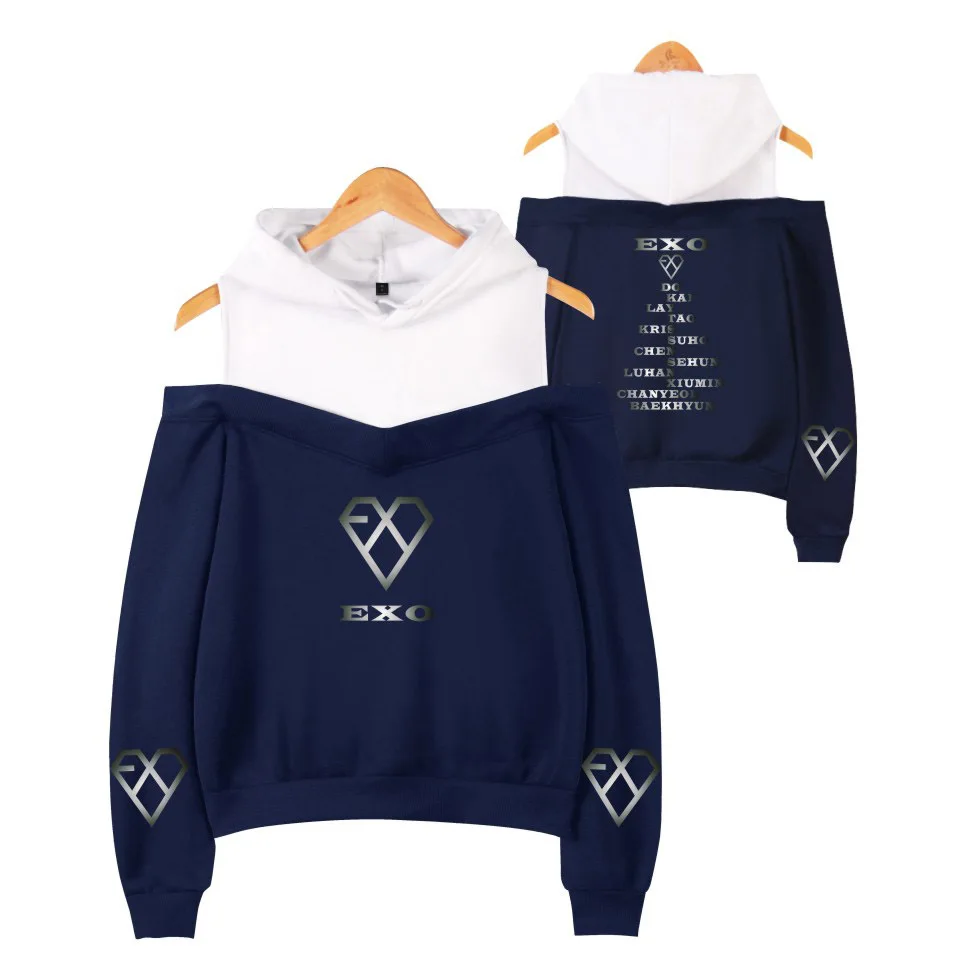 Новые милые толстовки с открытыми плечами и буквенным принтом Kpop EXO женские