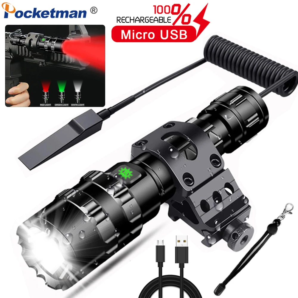 Мощный светодиодный фонарик тактический красный/зеленый/белый свет