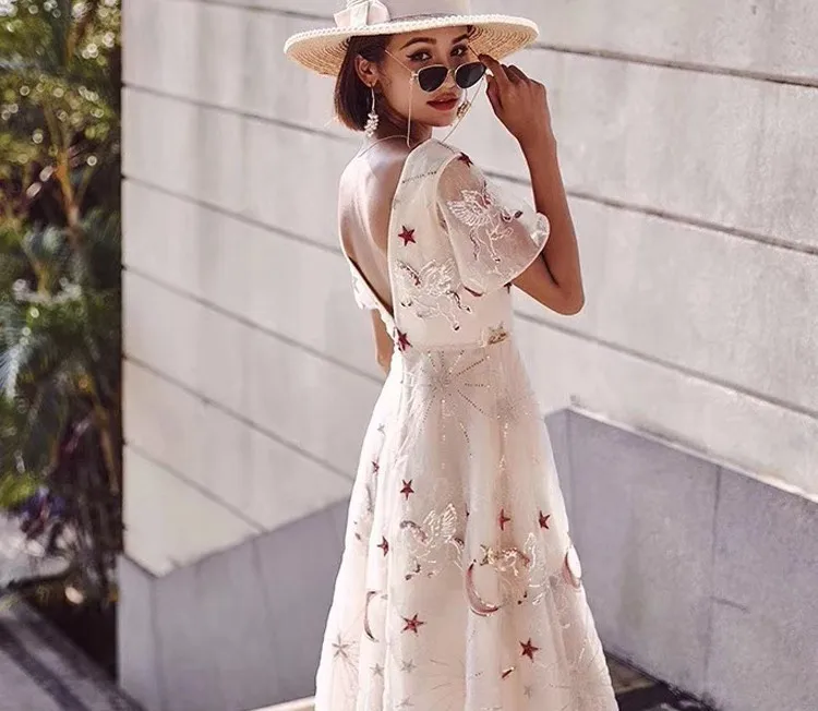 2019 новый стиль звезда и Луна расшитое блестками Сетчатое длинное платье женское
