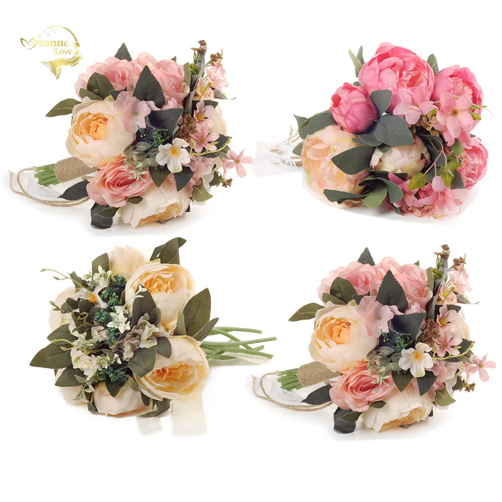 

Beautiful Colorful Pink Silk Bouquets of Flowers for Bridesmaids Wedding Flowers for Bride Church Artificial Flowers Ropes WP03