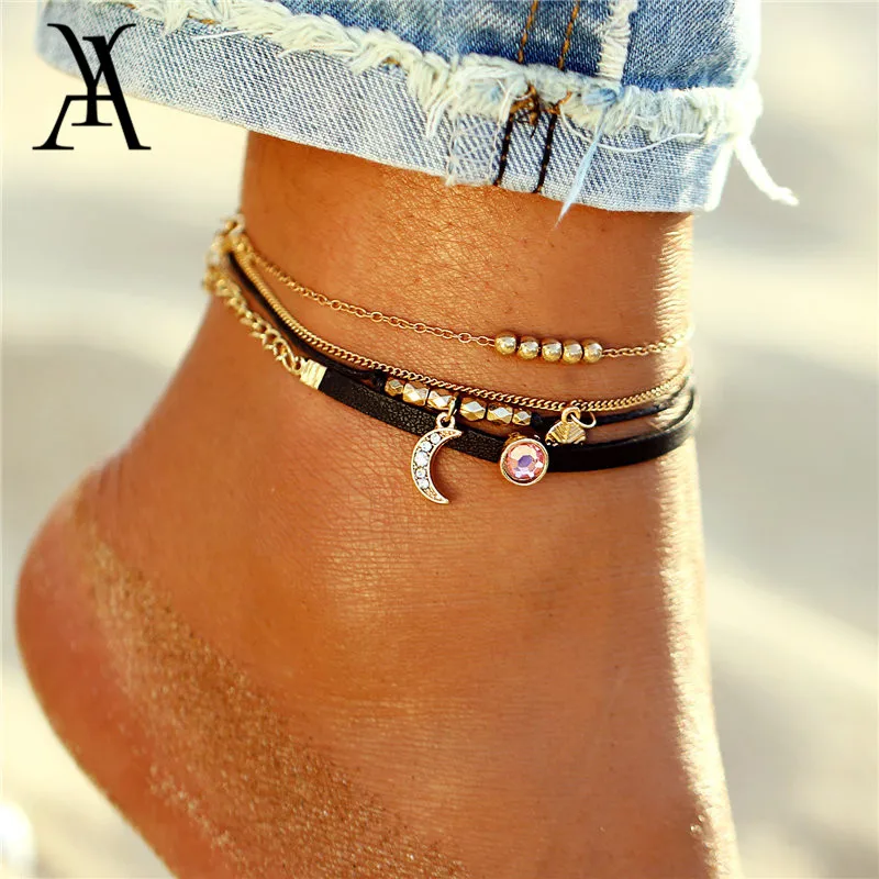 Женский браслет на ногу с кулоном Луна винтажный многоуровневый розовыми