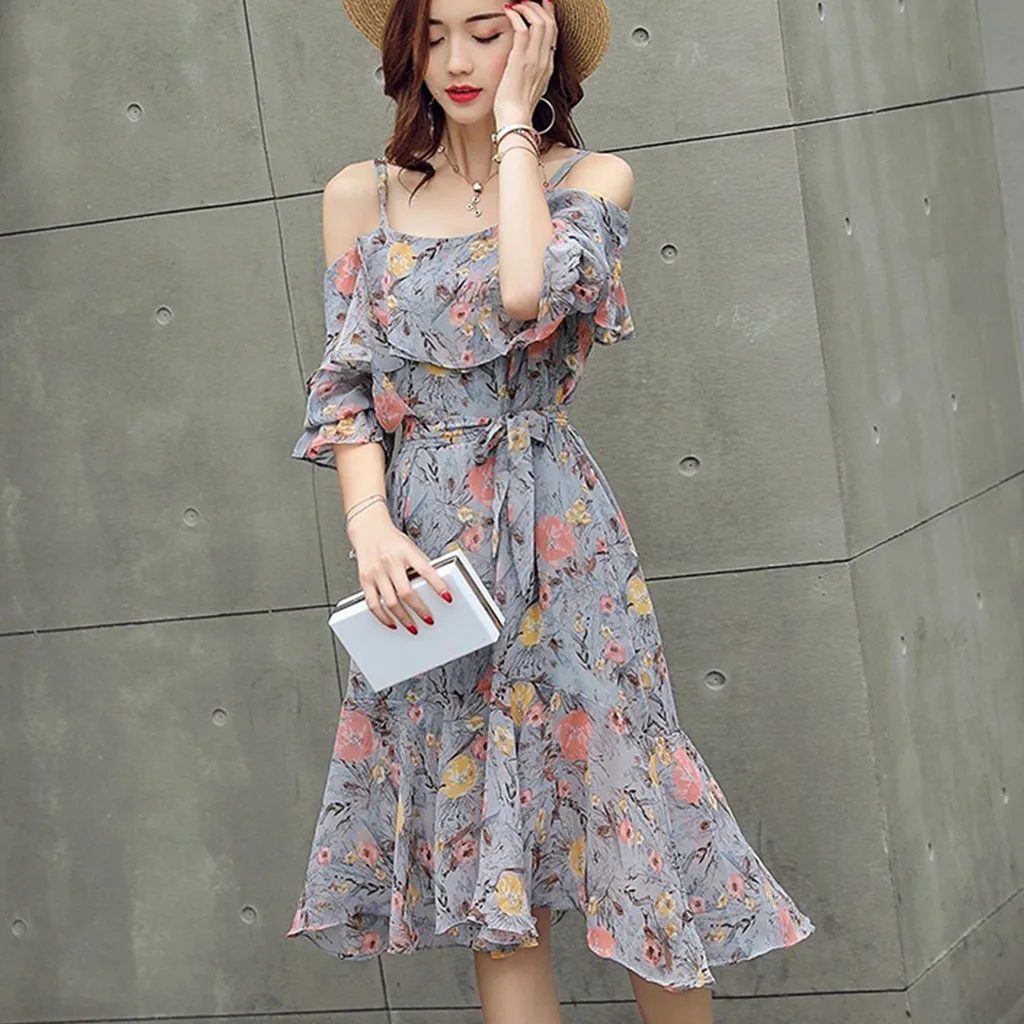 Для женщин Цветочное на лямках платье одно плечо Корейский Средний длинный