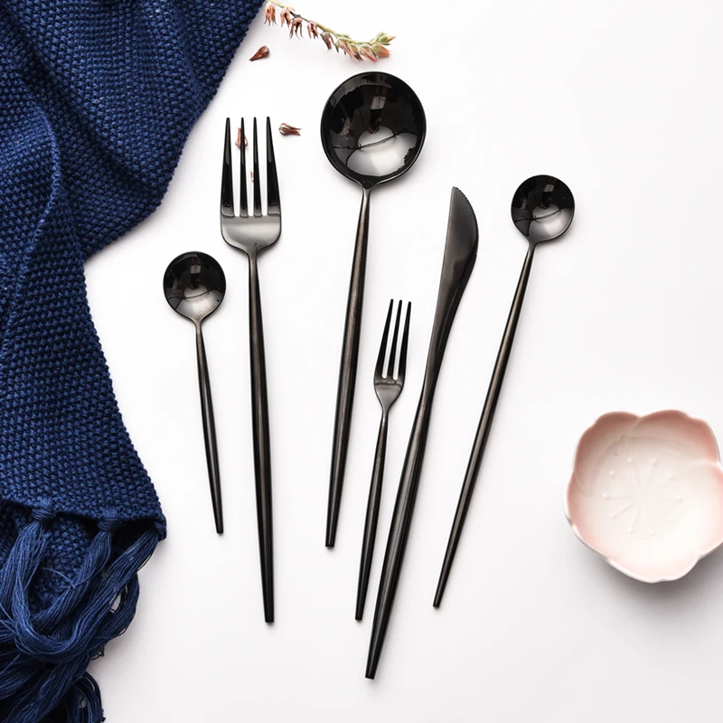

6-piece Luxury Black Wedding Dinnerware Set Dinner Forks Knives Scoops Set 18/10 Stainless Steel Silverware Tableware Set