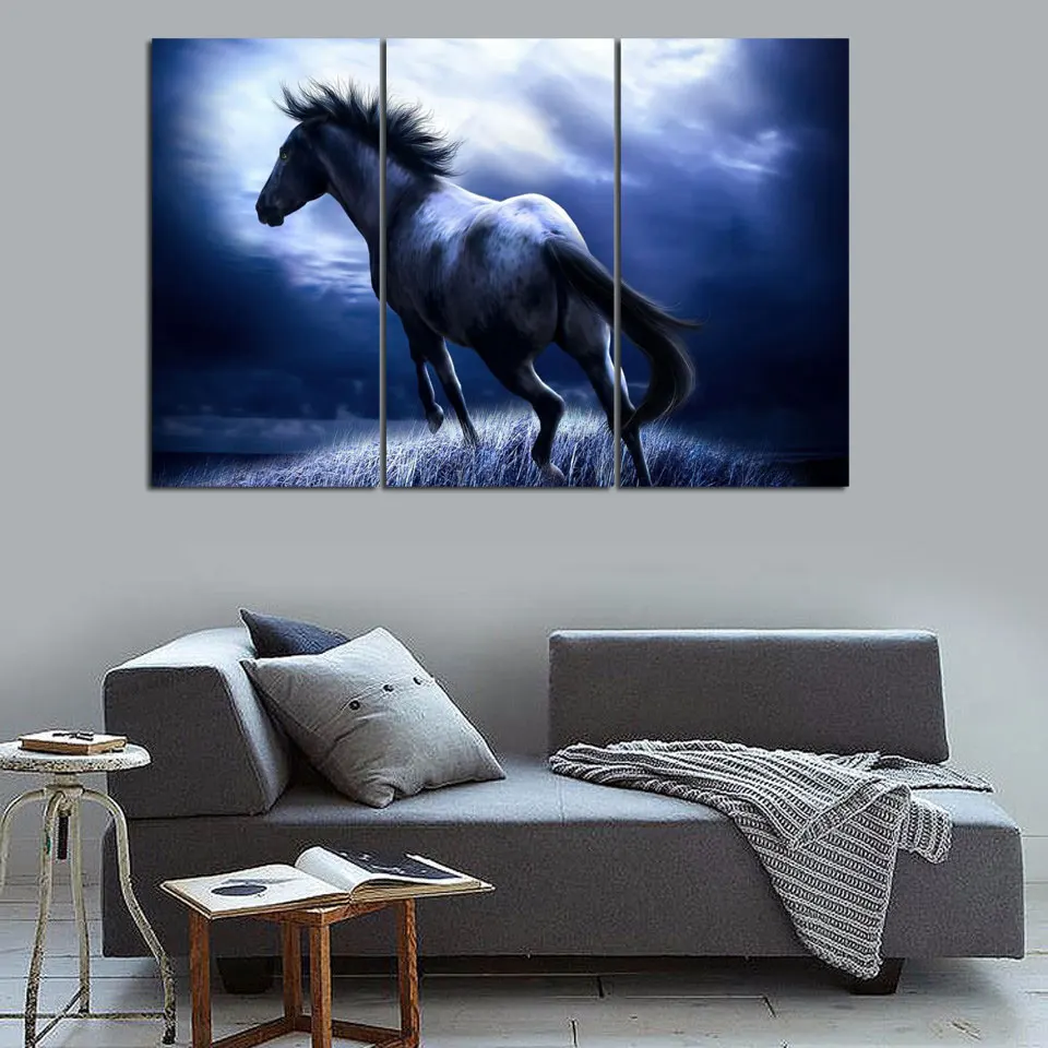 3 шт. крутая Черная лошадь настенная живопись реалистичное животное холст