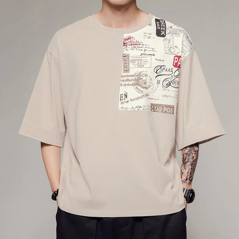 Harajuku стиль с коротким рукавом Пэчворк подчеркнул хлопок негабаритных для мужчин