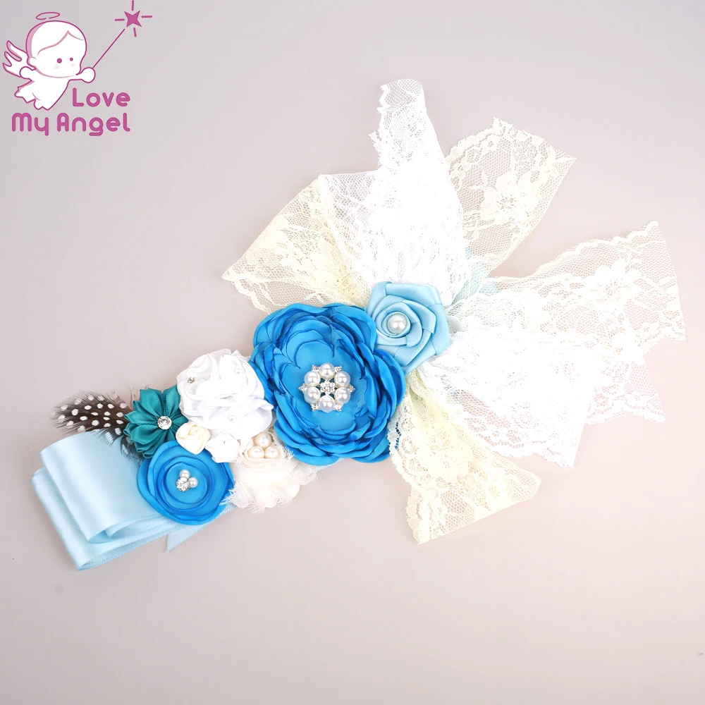 1 шт. синий пояс для беременных атласный с перьями кружевной цветами маленьких