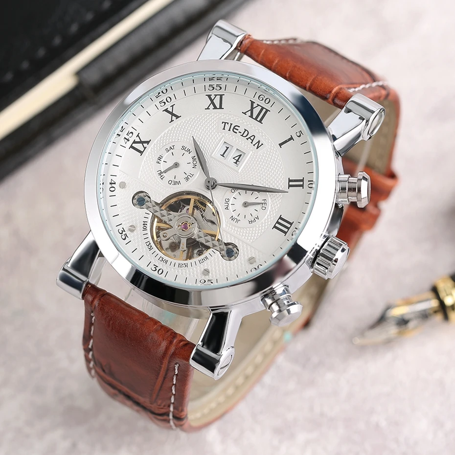TIEDAN, мужские часы, роскошные, топ Tourbillon, механические часы, мужские, военные, бизнес, с автоматическим заводом, наручные часы из натуральной кожи
