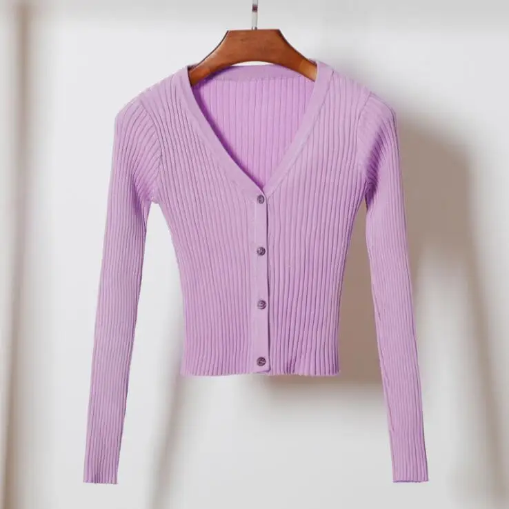 lavender Queechalle, 13 цветов, новинка, Осенний вязаный кардиган, женский короткий свитер с v-образным вырезом и длинным рукавом, пальто, женская Повседневная тонкая верхняя одежда - Цвет: lavender