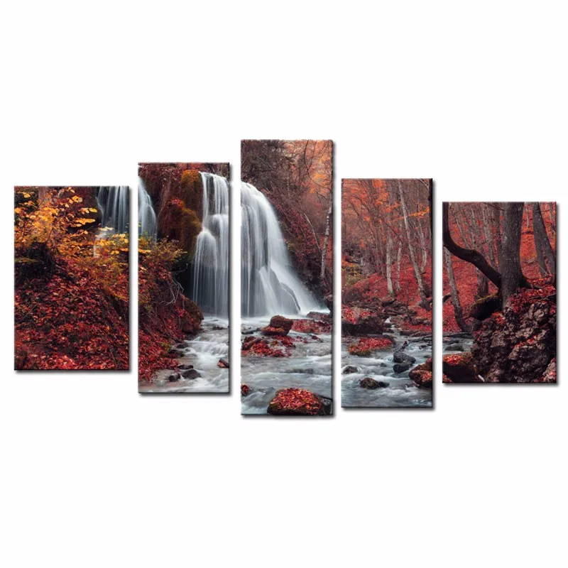 5 шт. Красивый водопад в осенний красный кленовый лес пейзаж настенная картина