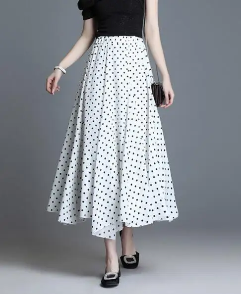 2022 Summer Spring Women Polka Dot Pleat Skirt Female Black High Elastic Waist Party Sweet Pleated Mesh Skirt