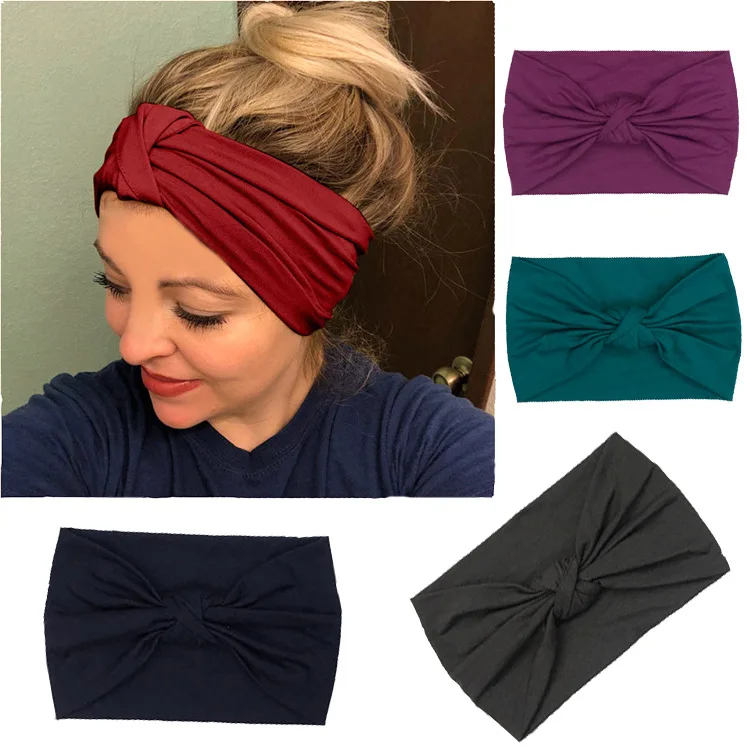 10 шт./лот Женская повязка на голову однотонная хлопковая с широким узлом тюрбан