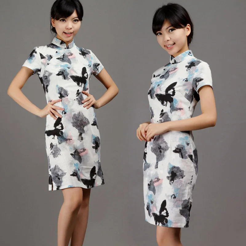 2012 summer fashion chinese style vintage flower stand collar ink hemp cotton low vent short qipao dress | Тематическая одежда и