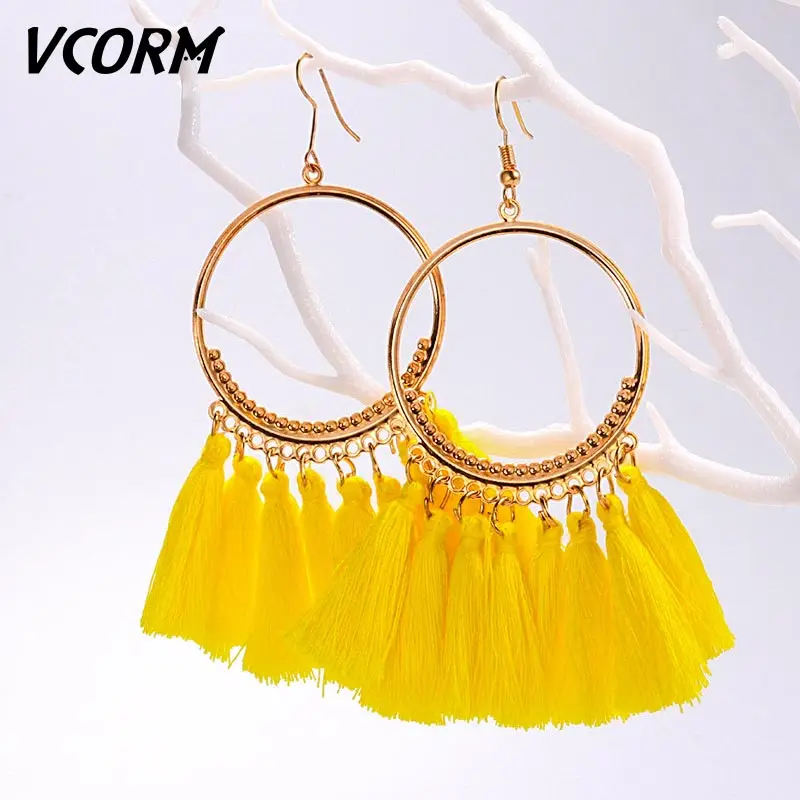Yellow VCORM новые модные богемные серьги с кисточками, большие висячие серьги для женщин, роскошные винтажные длинные висячие серьги с кристаллами, Женские Ювелирные изделия - Окраска металла: Yellow