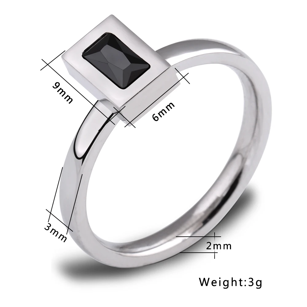 Женское кольцо из нержавеющей стали черное с квадратным кристаллом аксессуары