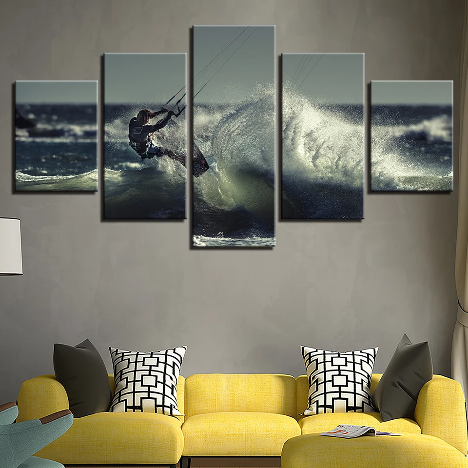 5 Pieces Surfing Seascape Pictures Surfer Waves Poster Canvas Paintings Wall Art Framework Home Decor For Living Room HD Prints | Дом и сад
