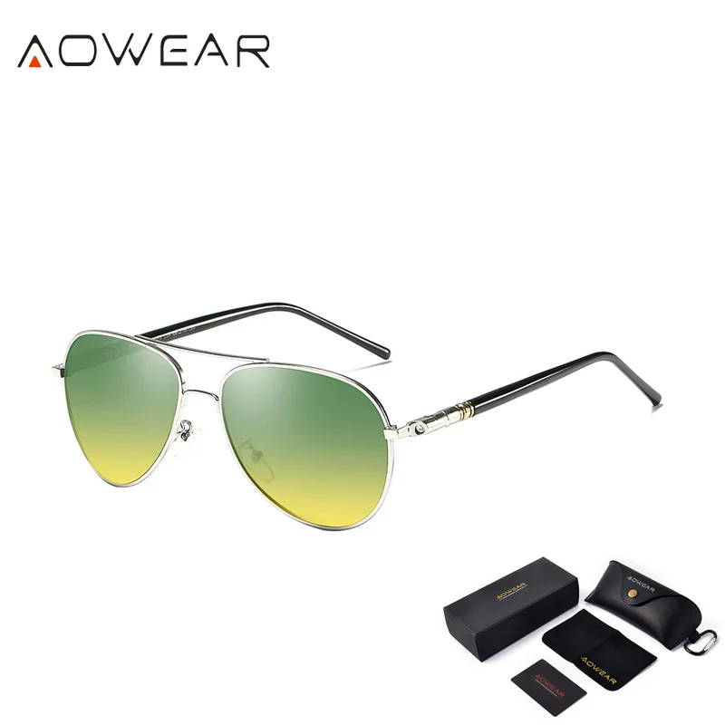 Silver Green AOWEAR, день, ночное видение, солнцезащитные очки, мужские, поляризационные, авиация, день и ночь, очки для вождения автомобиля, антибликовые, HD, очки для водителя - Цвет линз: Silver Green