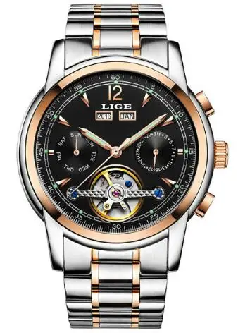 Relogio Masculino Мужские часы Роскошные Лидирующий бренд LIGE Tourbillon механические Спортивные часы мужские модные деловые мужские автоматические часы - Цвет: Gold black