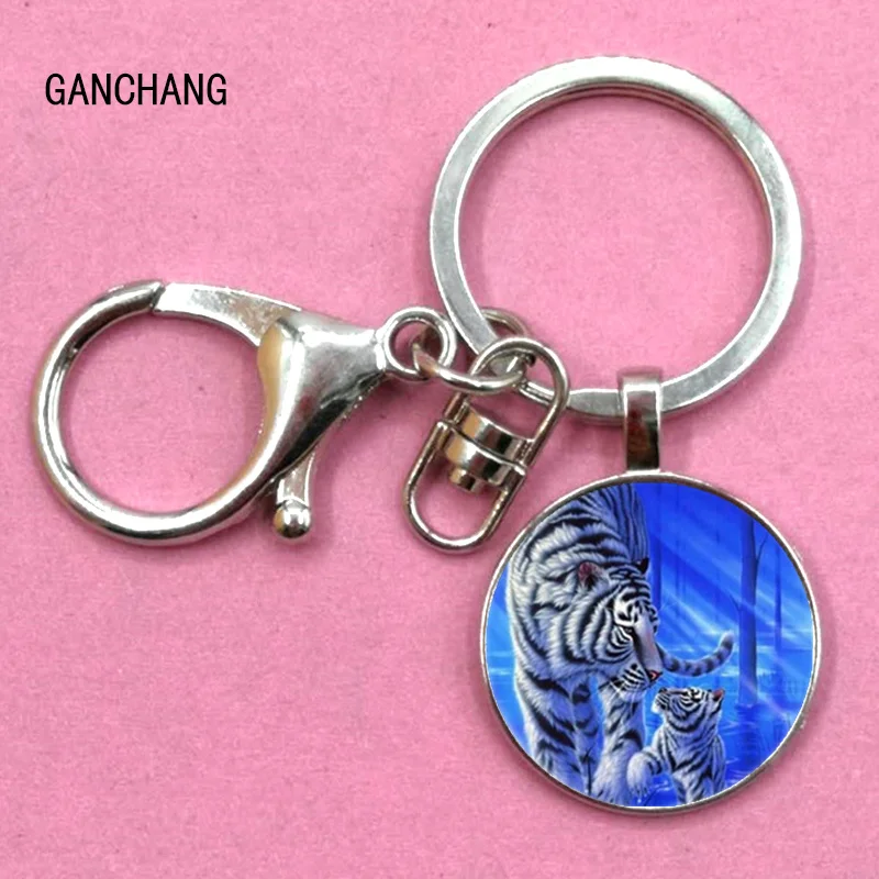 Брелок Белый Тигр фото Тибет серебро выпуклая круглая стеклянная подвеска