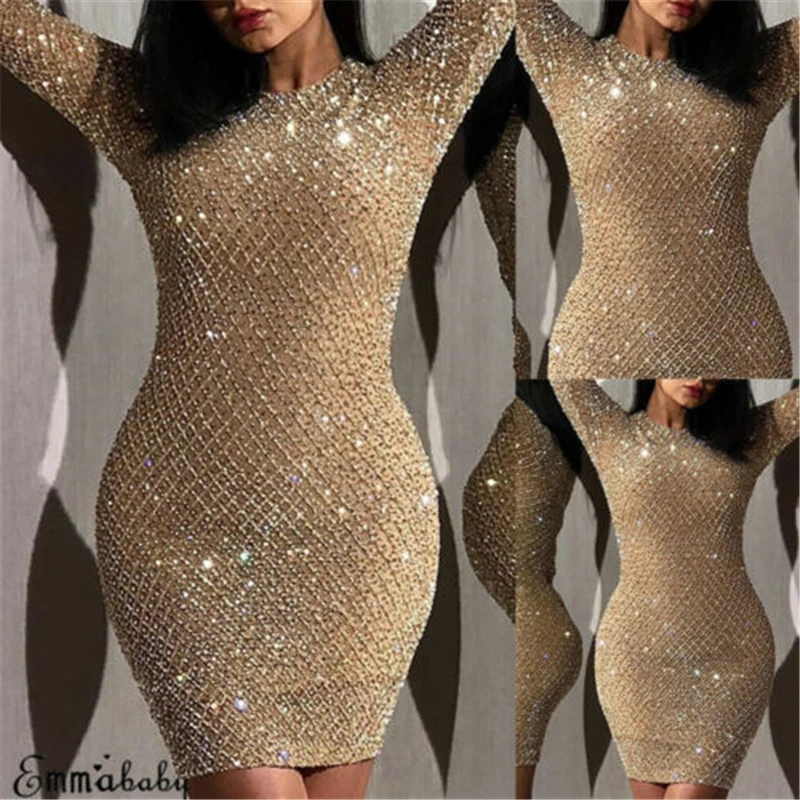Женское вечернее платье с блестками Золотое короткое карандаш длинным рукавом и