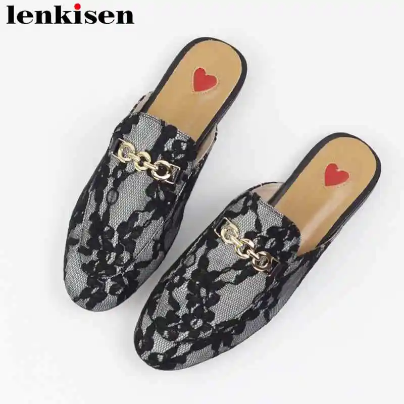 

Lenkisen gentlewoman big size slip on silk leather lace chain round toe solid flat with outside party meeting women slippers